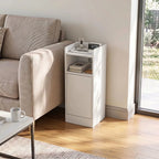 Slim Bedside Table Set of 2 with Charging Station, Narrow Bedside Cabinet with Adjustable Shelf, White