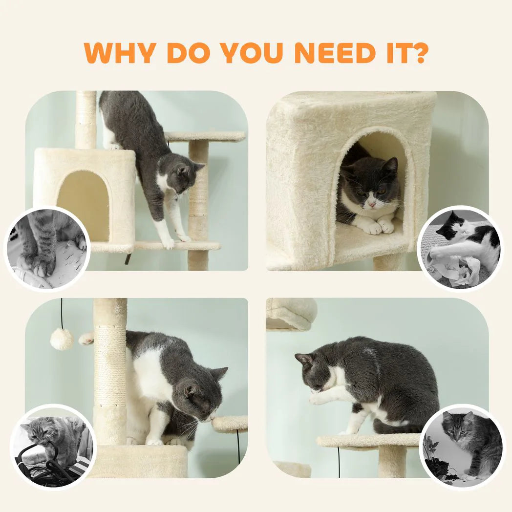 PawHut 202cm Cat Tree with 6 Scratching Posts, 2 Hammocks, 2 Condos, 2 Perches, Pompoms, for Cats to Rest and Play, Beige