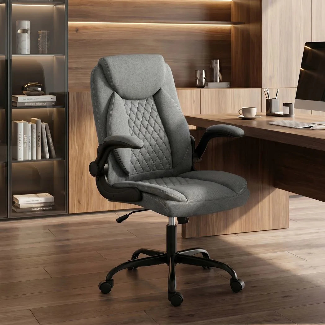 Linen-Look Computer Desk Chair, Executive Office Chair with Flip-Up Armrests and Thick Cushion, Grey