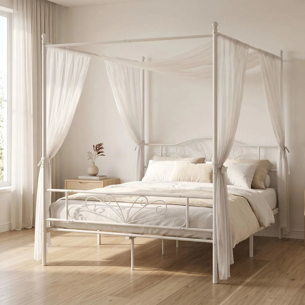 Canopy Bed Frame King Size, Metal Platform Bed Frame with Headboard and Footboard, Underbed Storage, White
