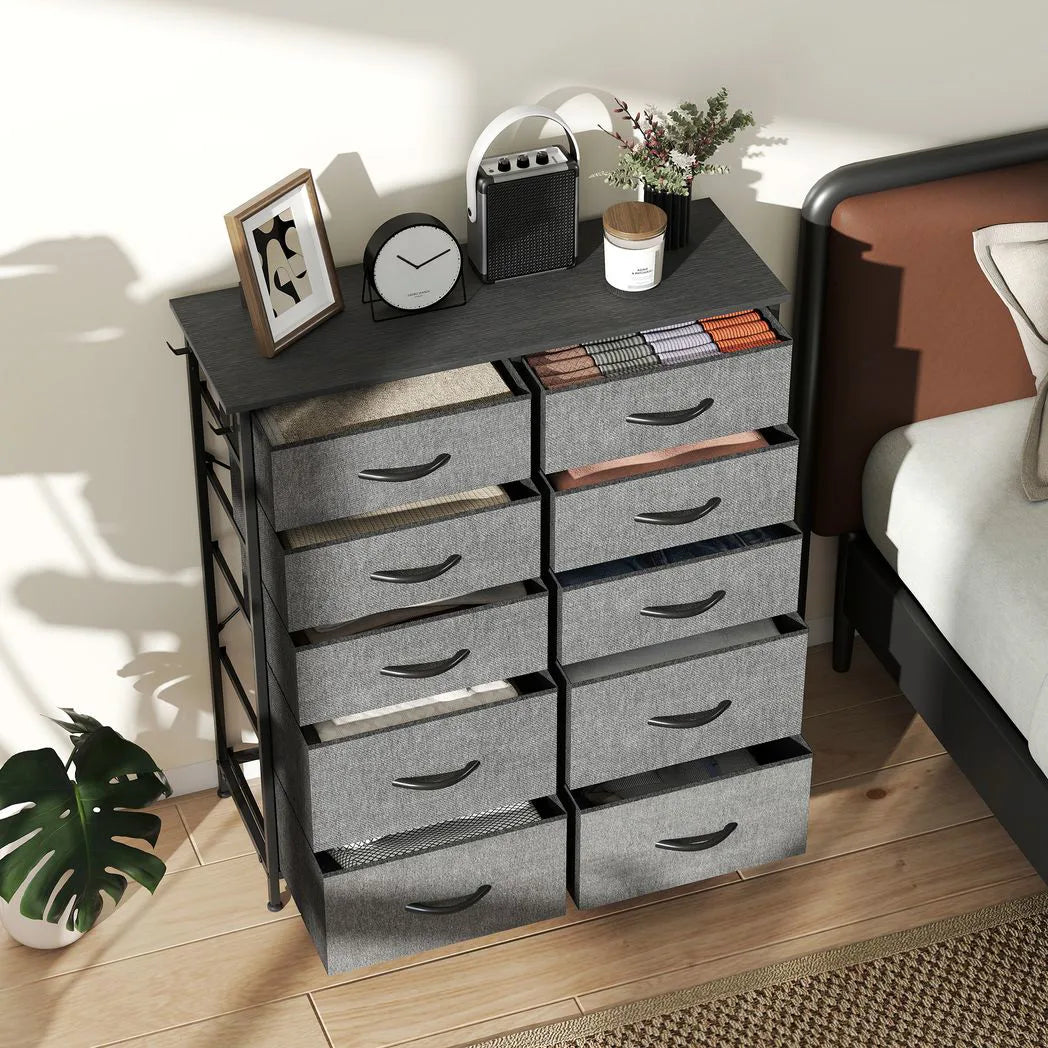 Chest of Ten Fabric Drawers - Charcoal Grey