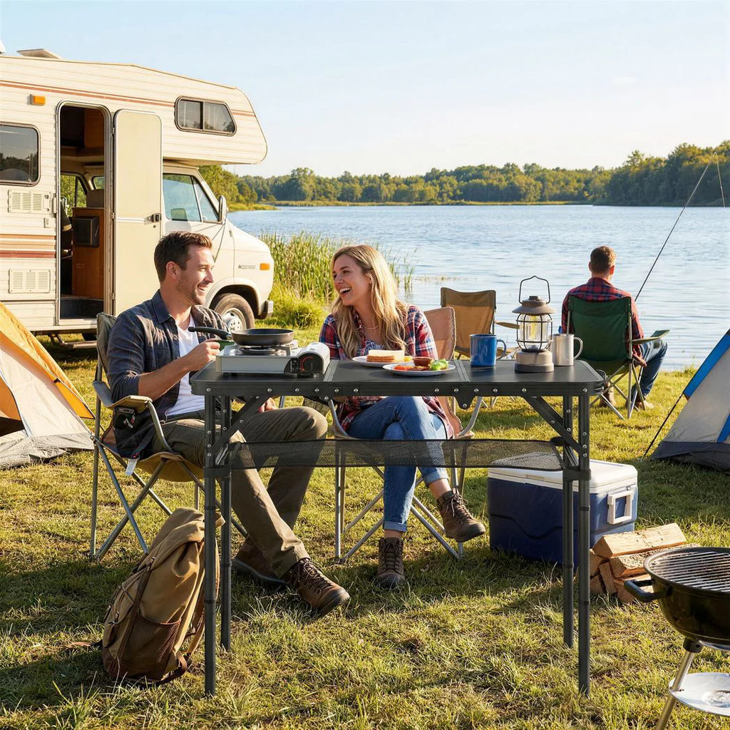 Outsunny 3ft Folding Camping Table, Picnic Table with Mesh Storage Layer, Carrying Bag and Metal Frame, Black