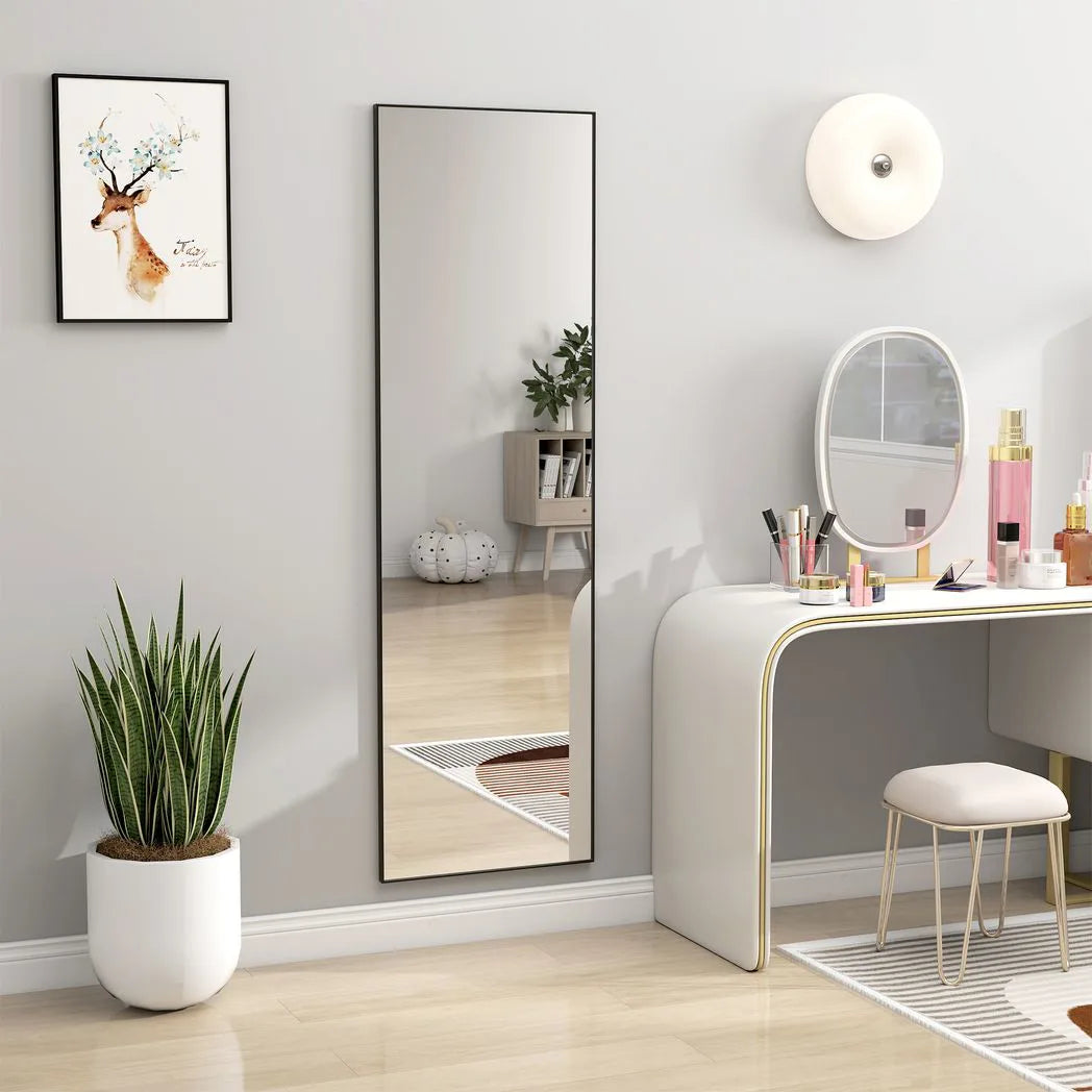 Full Length Mirror, Aluminium Alloy Framed Full Body Mirror with Tempered Glass, Standing or Wall Hanging, Black