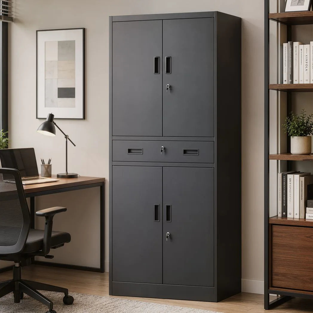 Metal Storage Cabinet, 180cm Tall Tool Cabinet with Locking Doors, Drawer and Adjustable Shelves, Black