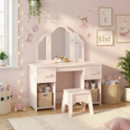 AIYAPLAY Kids Dressing Table, Kids Vanity Table and Chair Set with Tri-Folding Mirror, 2 Drawers, 2 Cabinets for Girls 3, Pink