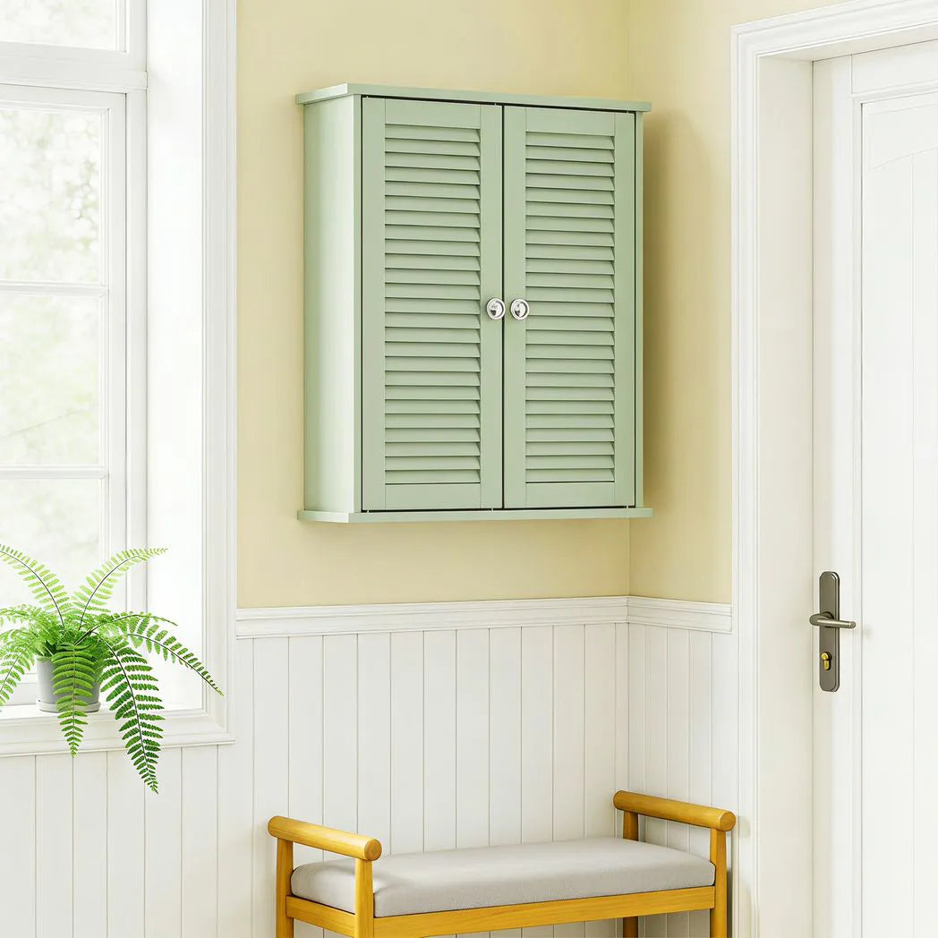 Bathroom Cabinet, Bathroom Wall Cabinet with Louvered Doors and Adjustable Shelf Storage for Kitchen, Light Green