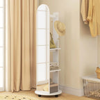 2-in-1 Full Length Mirror with Storage Shelves, Floor Mirror with 4 Wheels, Coat Rack, Hooks, White