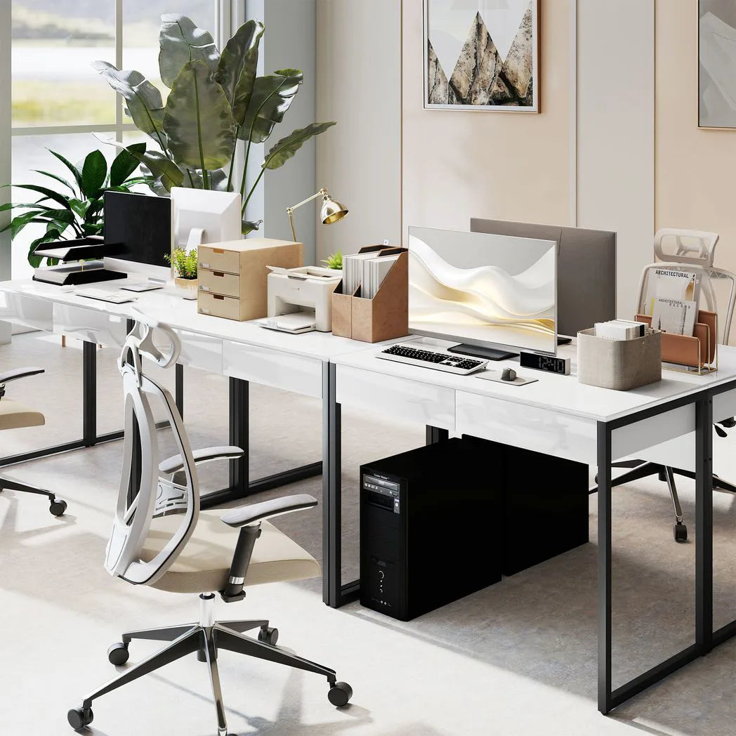 High Gloss Work Table, with Drawers - White