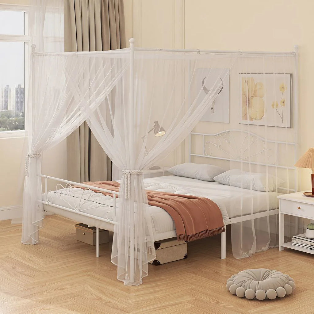 Canopy Bed Frame Double Size, Metal Platform Bed Frame with Headboard and Footboard, Underbed Storage, White