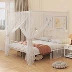 Canopy Bed Frame Double Size, Metal Platform Bed Frame with Headboard and Footboard, Underbed Storage, White