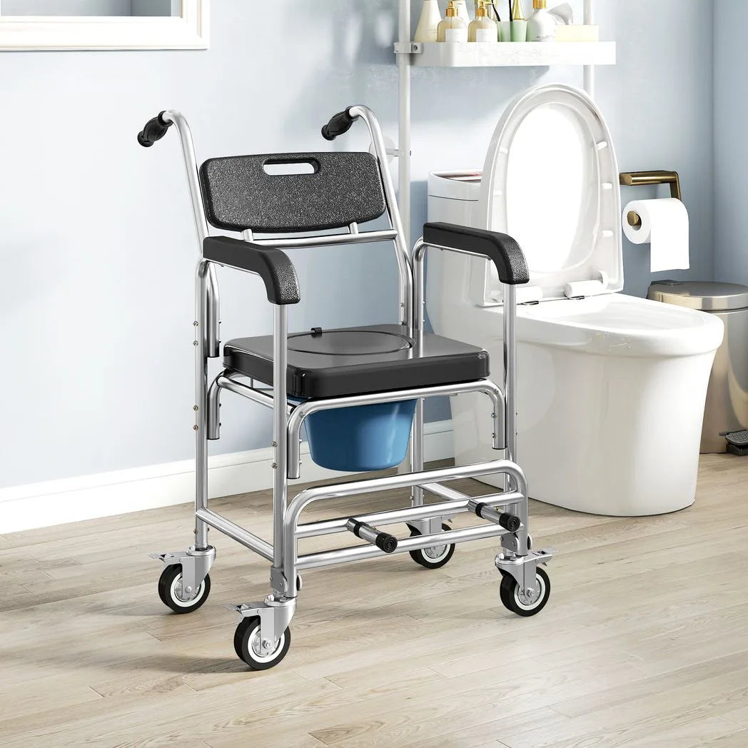 Transport Beside Shower Chair, 3-in-1 Commode Chair with Wheels and Padded Seat, Black