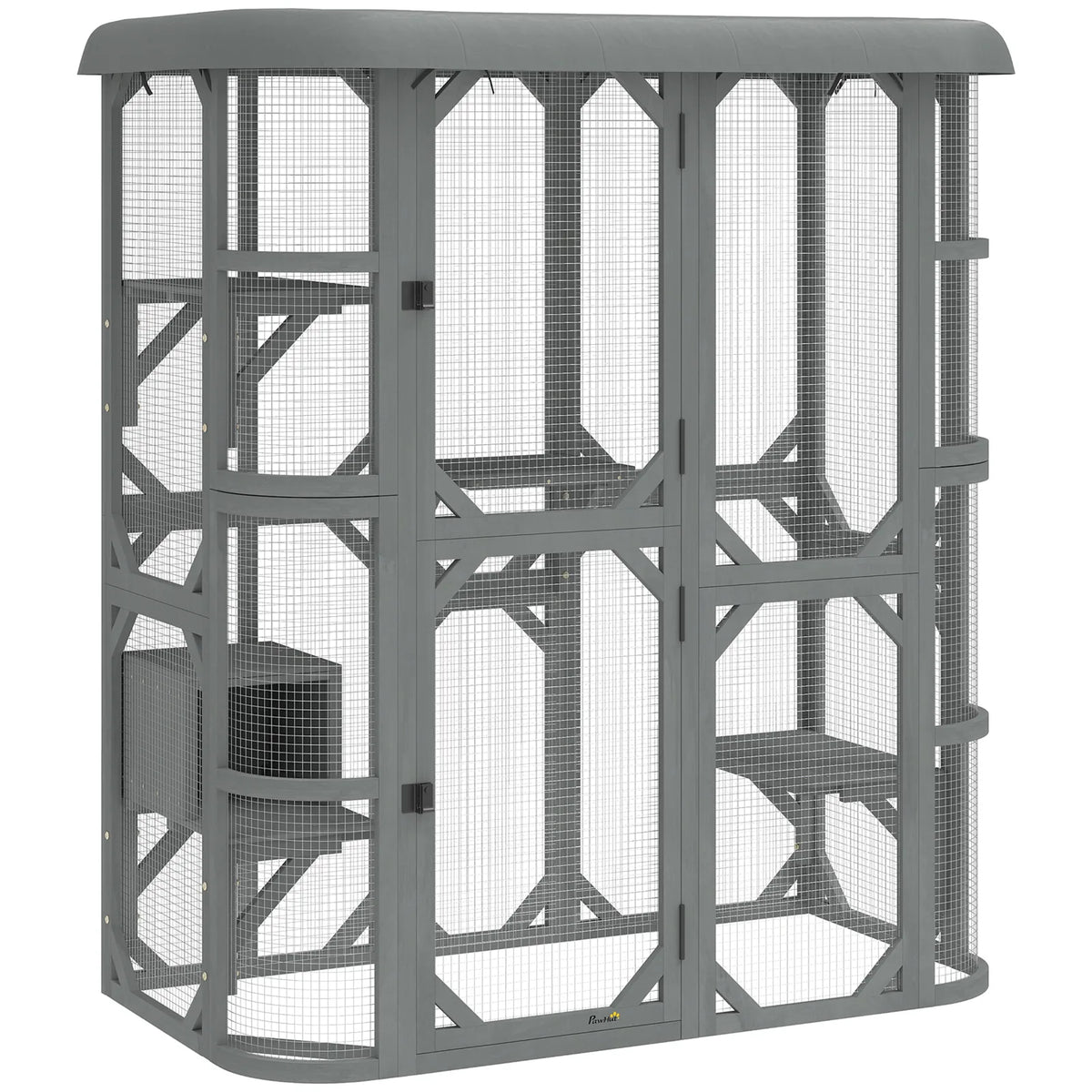 PawHut Catio Outdoor Cat Enclosure, Wooden Cat House with Platforms, Condo and Waterproof Cover for 2?3 Kittens, Grey