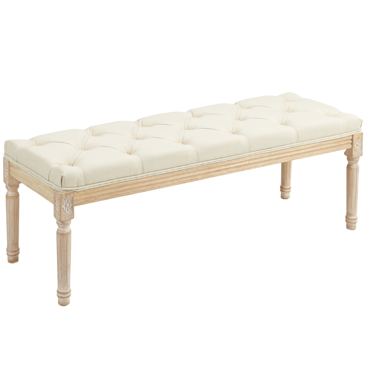 End of Bed Bench Upholstered Foot Stool Linen-Touch Ottoman Cream