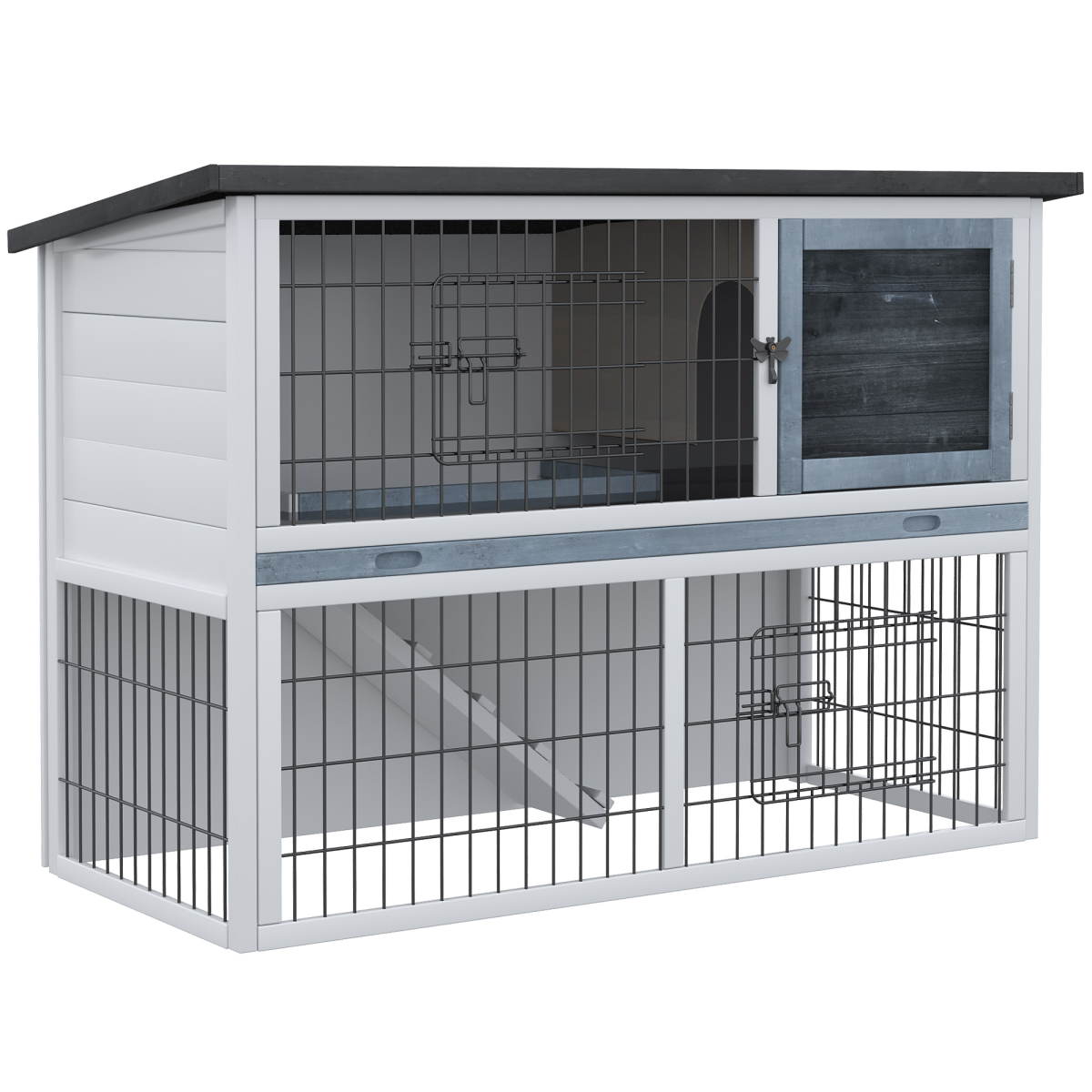 Rabbit Hutch and Run with Removable Tray Openable Top for Indoors & Outdoors Grey