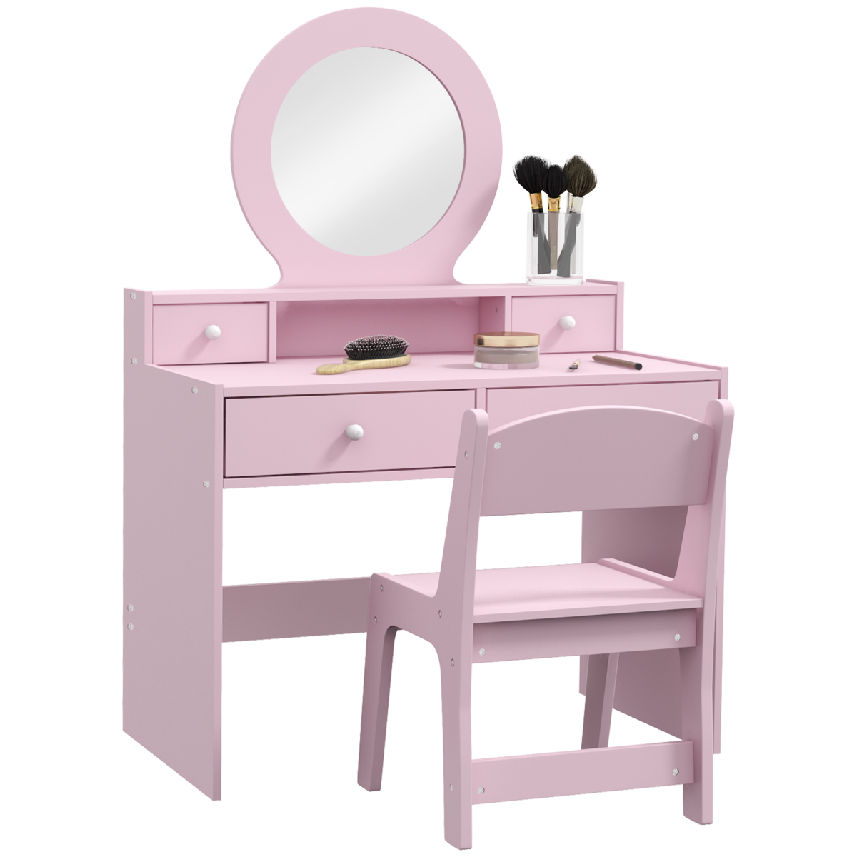 AIYAPLAY Kids Dressing Table Set w/ Stool, Mirror, Drawers - Pink