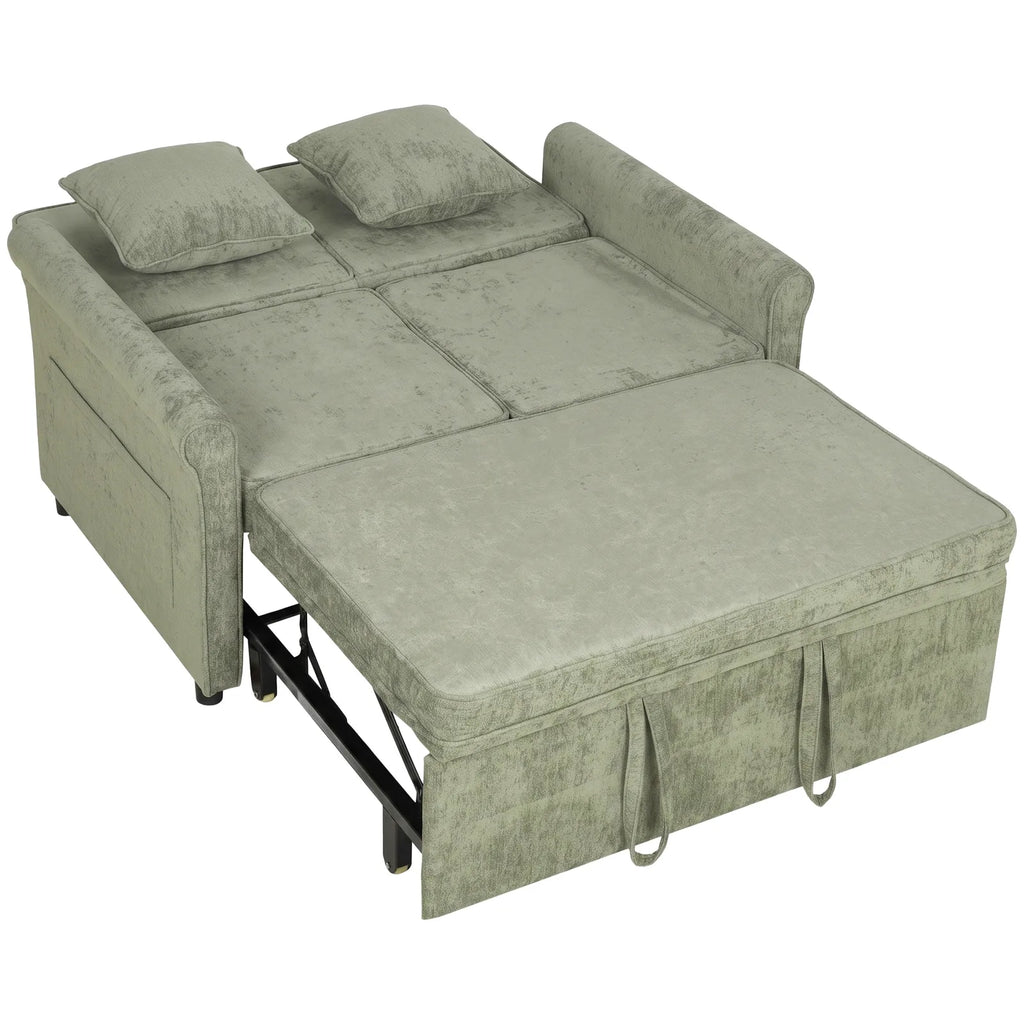 2 Seater Sofa Bed 3-in-1 Convertible Chenille Pull Out Sleeper Sofa with 5-Position Adjustable Backrest, Light Green