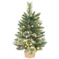 60 cm Prelit Small Christmas Tree, Snow Flocked Tabletop Mini Xmas Tree with 35 LED Lights, Pine Cones and Linen Cover Base, Battery Operated, Green