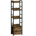 4-Tier Bookshelf, Narrow Bookcase with Drawer, 8 Hooks, Metal Frame, Rustic Brown
