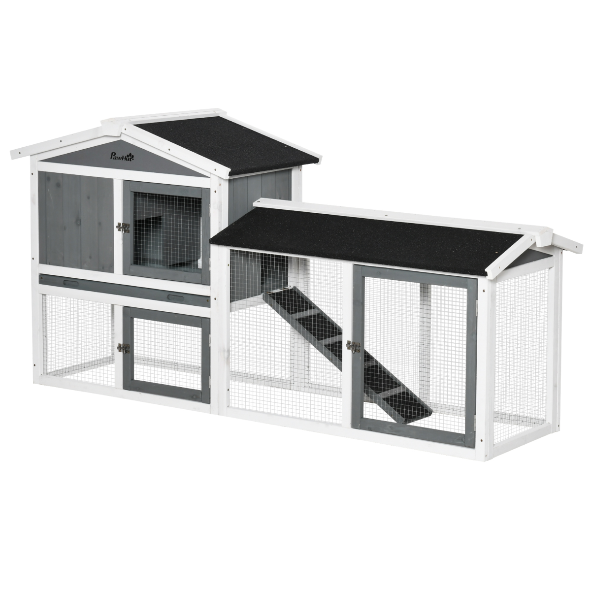 Two-Tier Wooden Rabbit Hutch Small Animal House with Run Box, Slide-Out Tray, Ramp