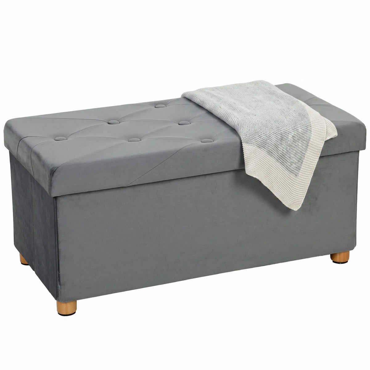 Velvet Upholstered Foldable Ottoman Footrest, Storage Ottoman Bench with Wood Legs for Living Room, Grey