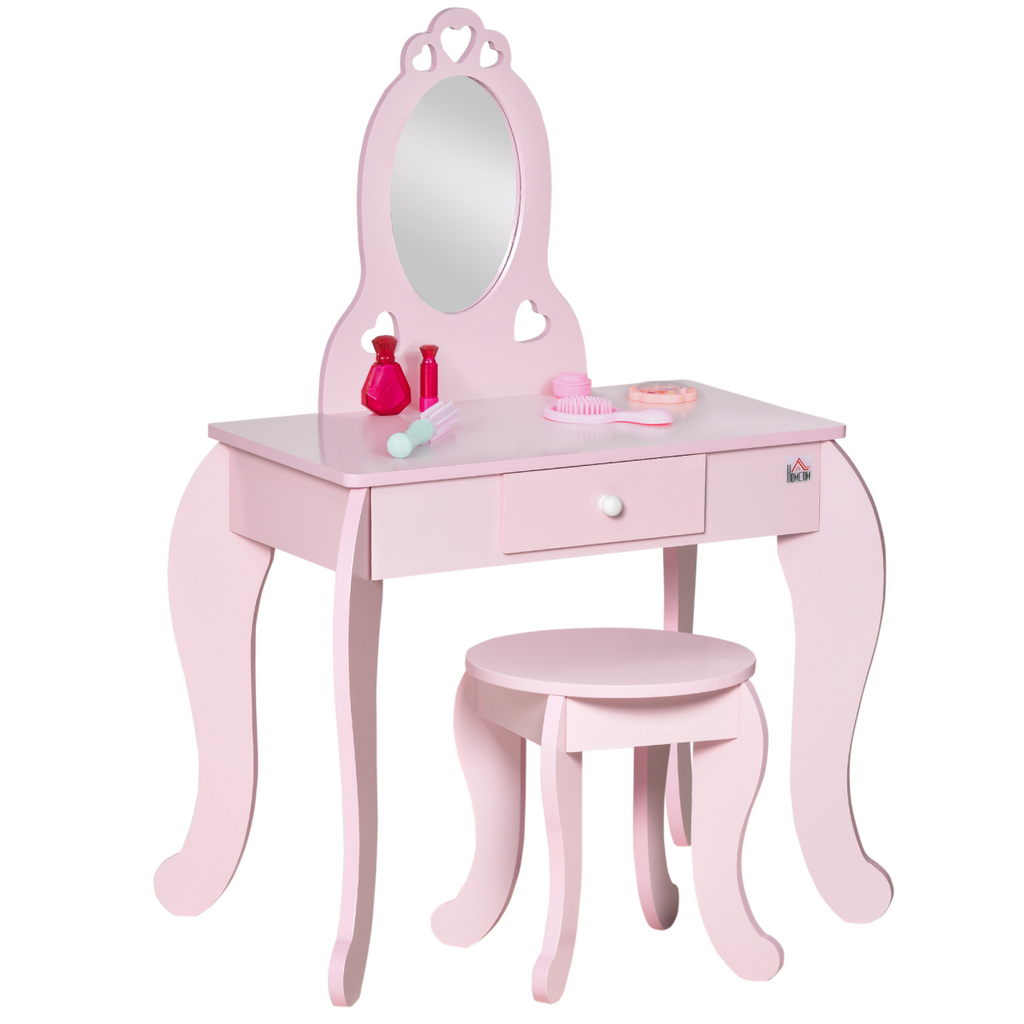 Kids Vanity Table & Stool Girls Dressing Set Make Up Desk with Mirror