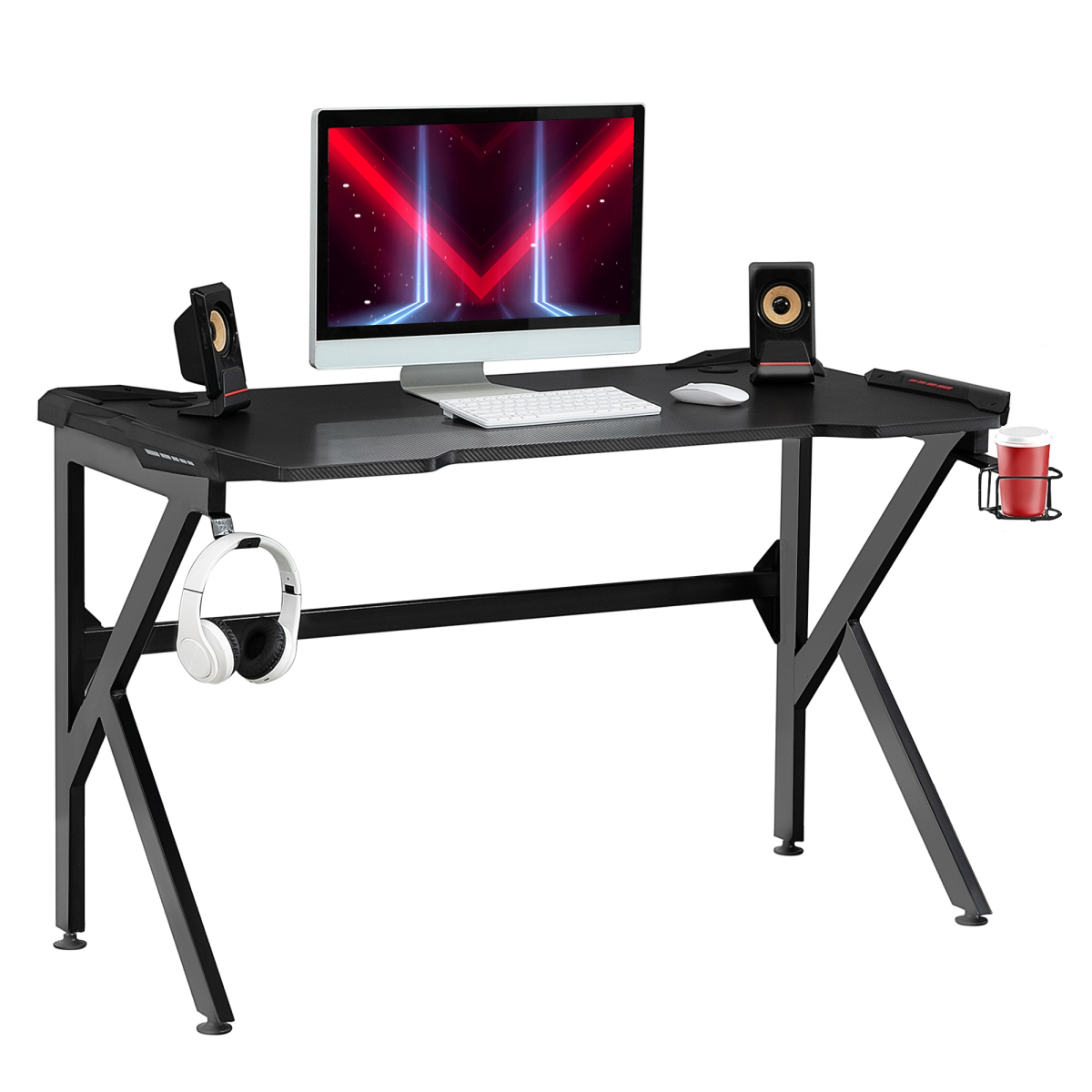 Spacious Gaming Desk Home Racing with Steel Frame Cup Headphone Holder Hook