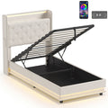 3ft Single Bed Frame with Headboard, Platform Bed Frame with Hydraulic Storage, LED Lights and Charging Station, White