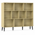 10-Cube Bookcase, 3-Tier Book Shelf with Solid Wood Legs, 140 cm Modern Bookshelf with Anti-Tip Kit, Oak