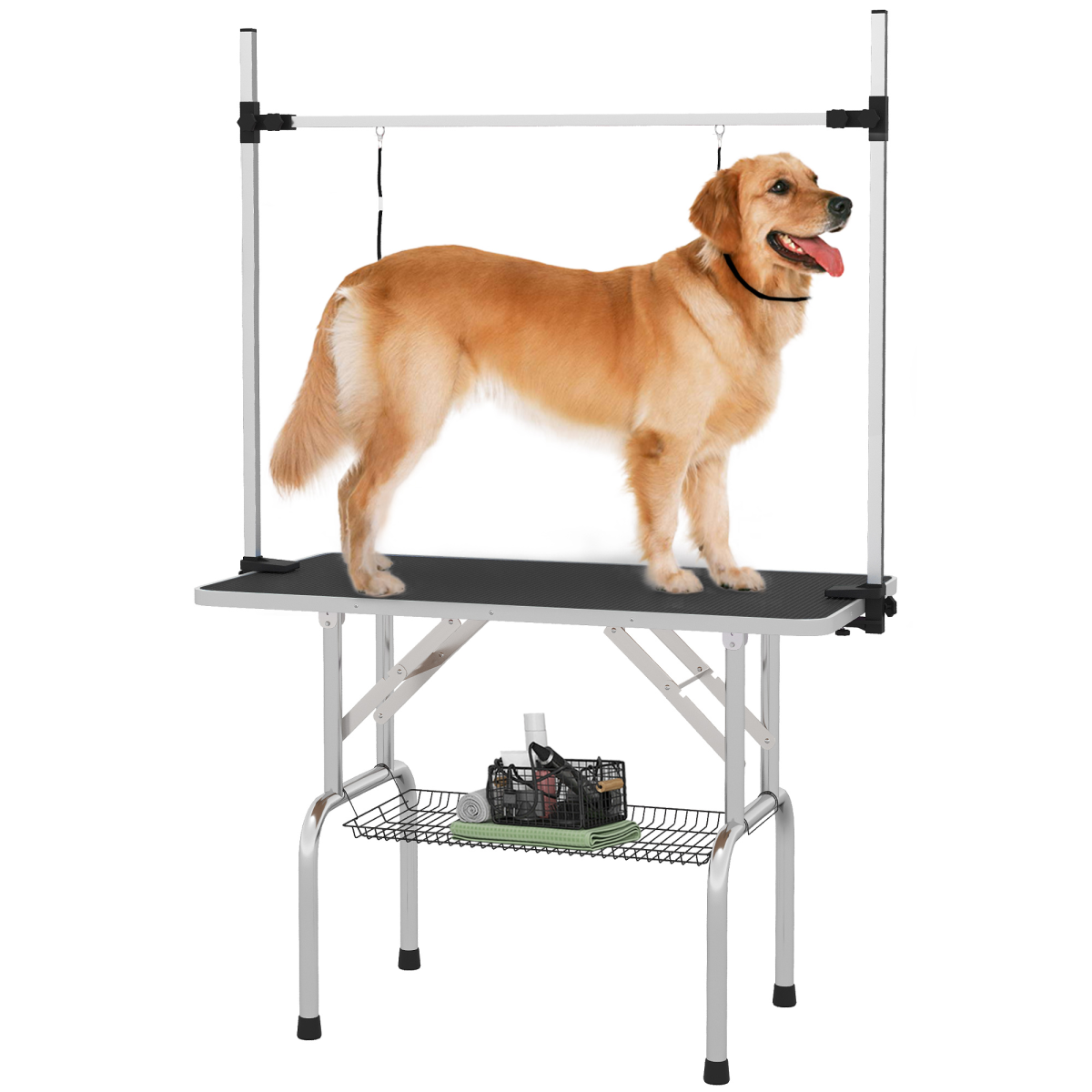Dog Grooming Table Metal Adjustable Rubber Top 2 Safety Slings Mesh Black