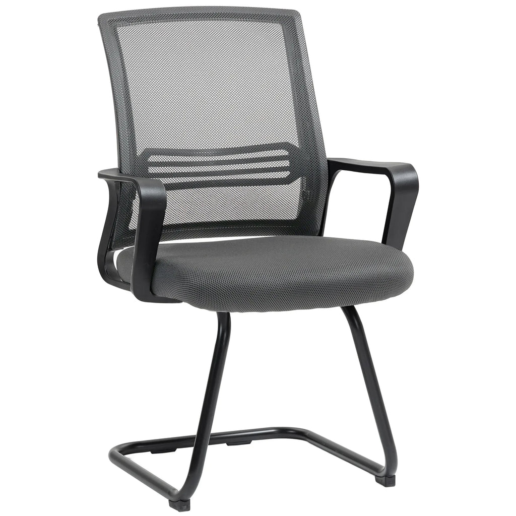 Padded Meeting Office Chair, Ergonomic Desk Chair No Wheels with Sled Base for Bedroom, Waiting, Reception, Dark Grey