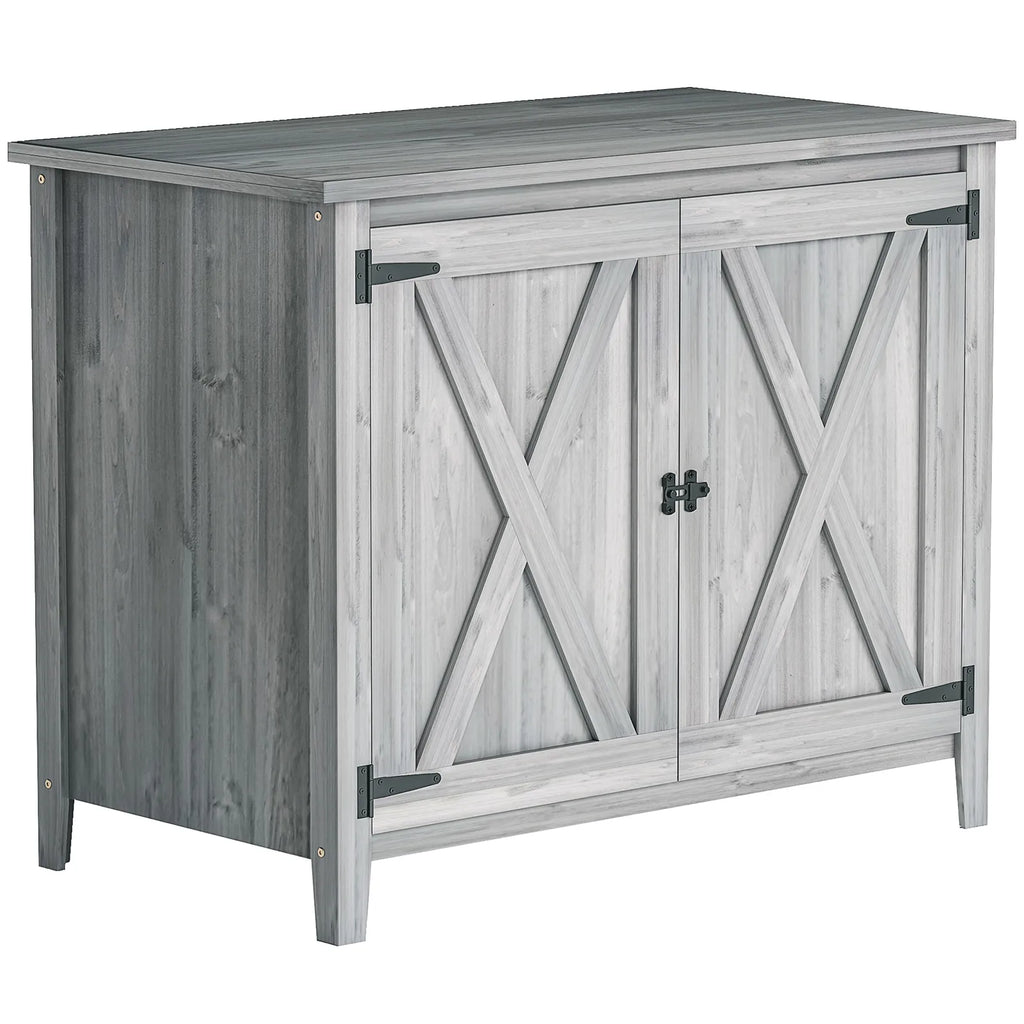 Outsunny Wooden Garden Shed, Outdoor Fir Wood Storage Shed with Shelf and Double Doors, Light Grey