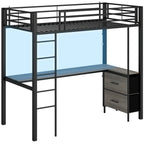 Metal Bunk Bed with Desk, High Sleeper Bed with LED Light and Safety Guardrail for Teens Adults, No Box Spring Needed