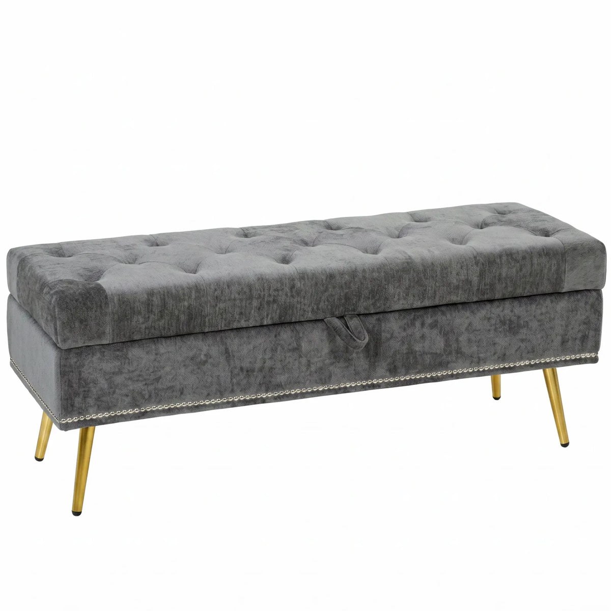 Storage Ottoman, Chenille Upholstered Ottoman Storage Box with Padded Seat, Metal Legs, 114 x 41 x 45 cm, Grey