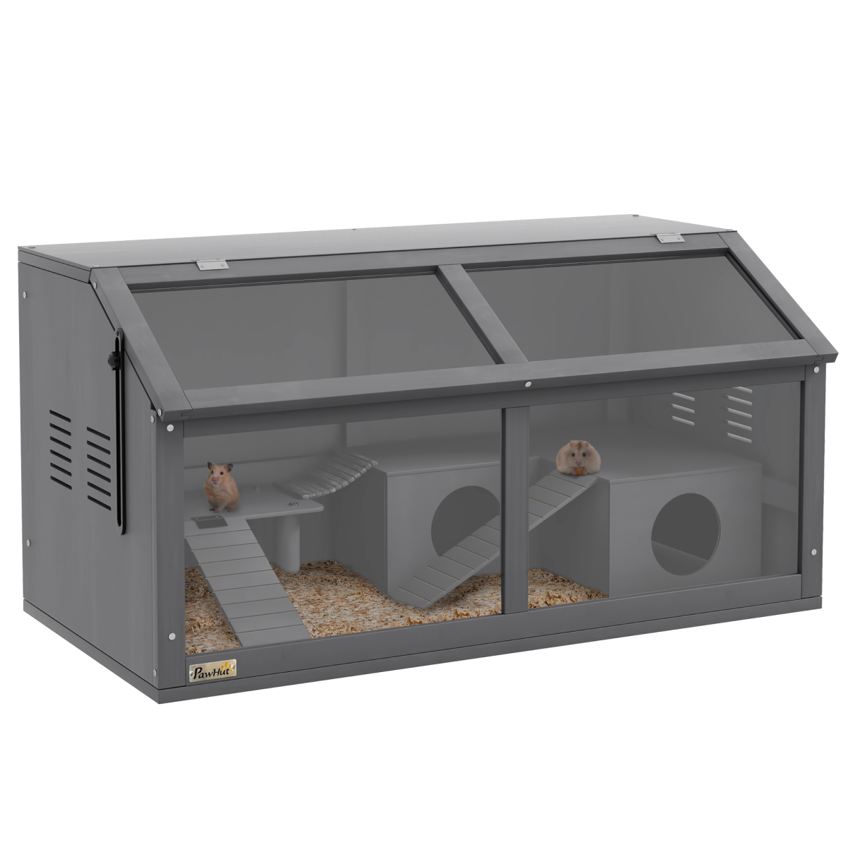 PawHut Wooden Hamster Cage for Gerbils with Suspension Bridge, Ladders