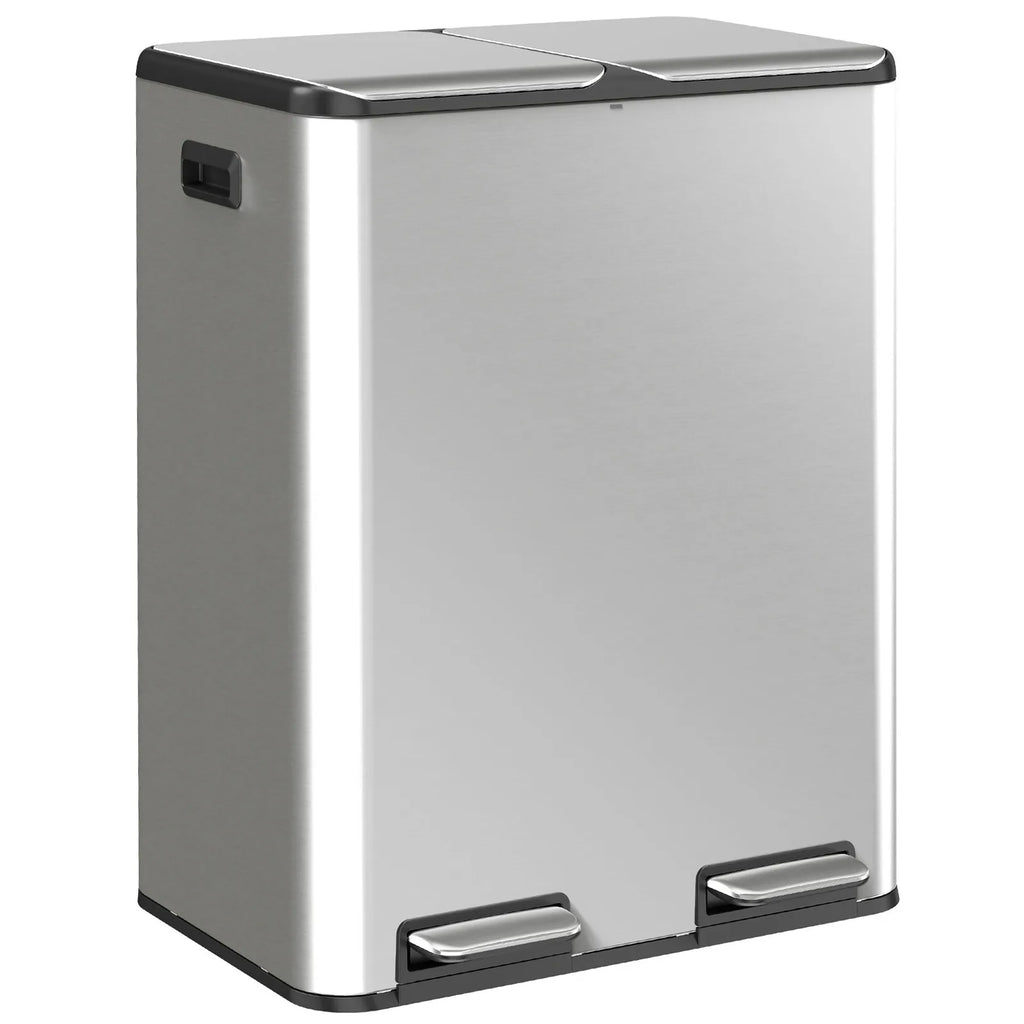2 x 30L Double Kitchen Bin, Stainless Steel Pedal Rubbish Bin with Dual Compartments, Soft Close Lids, Silver Tone