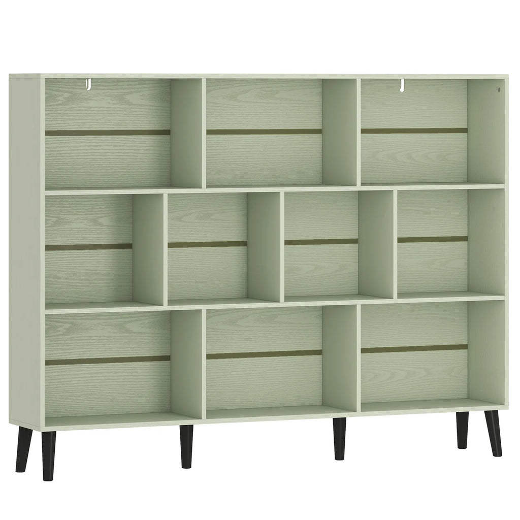 10-Cube Bookcase, 3-Tier Book Shelf with Solid Wood Legs, 140 cm Modern Bookshelf with Anti-Tip Kit, Light Green