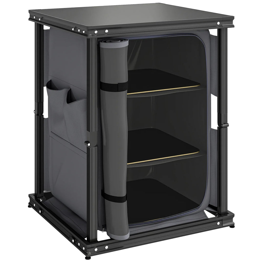 Outsunny Camping Camping Cupboards, Folding Portable Kitchen Table with 3-Tier Storage, Black