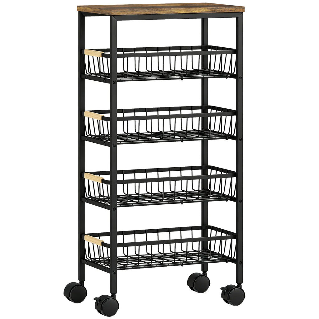 Metal Kitchen Trolley, 4-Tier Storage Trolley with Pull-Out Baskets and 4 Swivel Casters for Kitchen, Rustic Brown