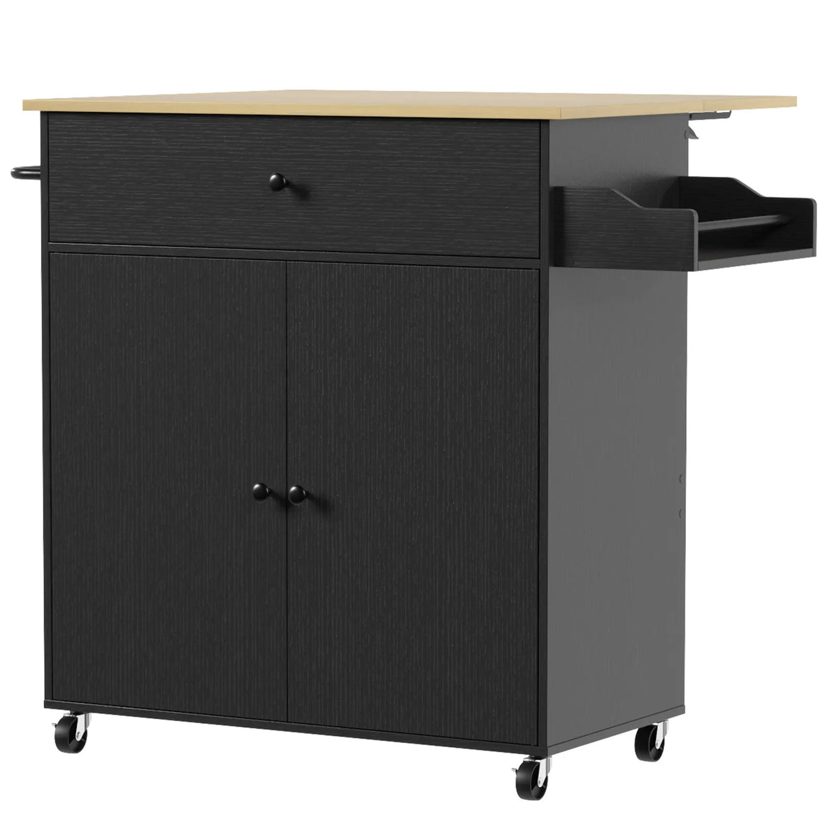 Kitchen Island with Drop Leaf, Rolling Kitchen Storage Trolley on Wheels with Drawer, Spice Rack and Towel Rack, Black