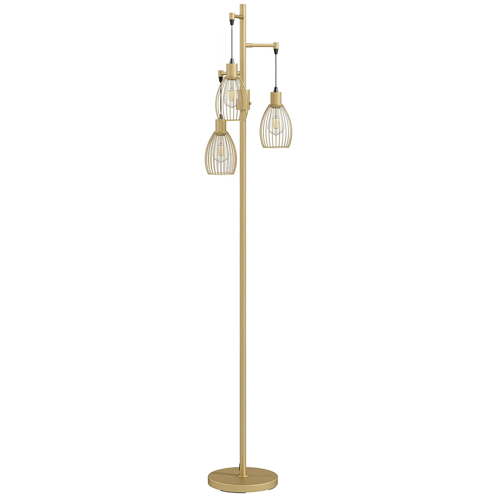 170.5cm Industrial Dimmable Standing Lamp, 3-Light Floor Lamp with Steel Wire Cage Lampshades, Gold Tone