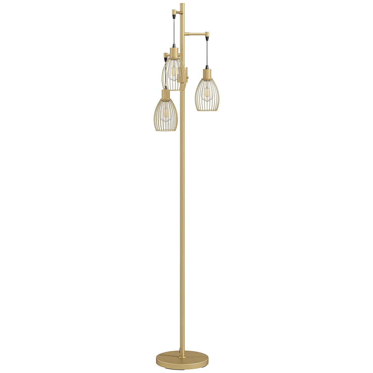 170.5cm Industrial Dimmable Standing Lamp, 3-Light Floor Lamp with Steel Wire Cage Lampshades, Gold Tone
