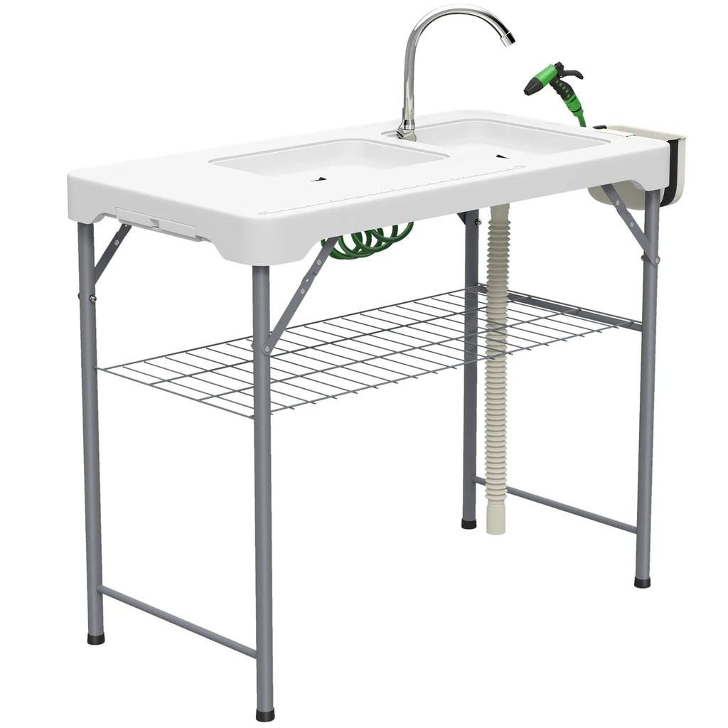 Outsunny Folding Fish Cleaning Table with Sinks, Portable Camping Sink Table with Faucet, Drainage Hose