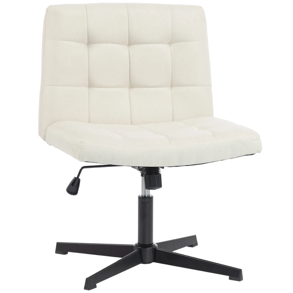 Armless Office Chair, Cross Legged Linen Computer Desk Vanity Chair with Wide Seat, Rocking Function, Beige