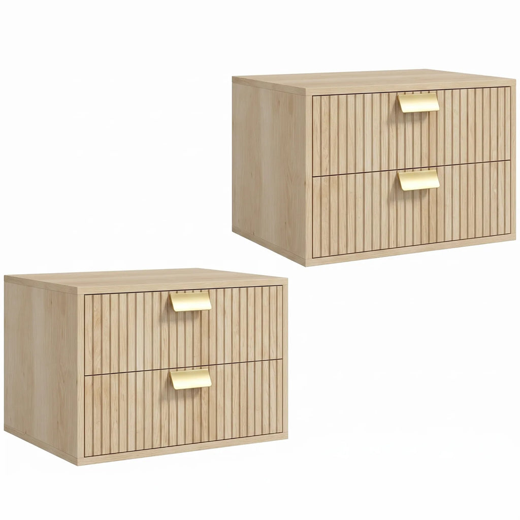 Modern Floating Nightstands Set of 2, Wall Mounted Bedside Tables with 2 Drawers, Oak
