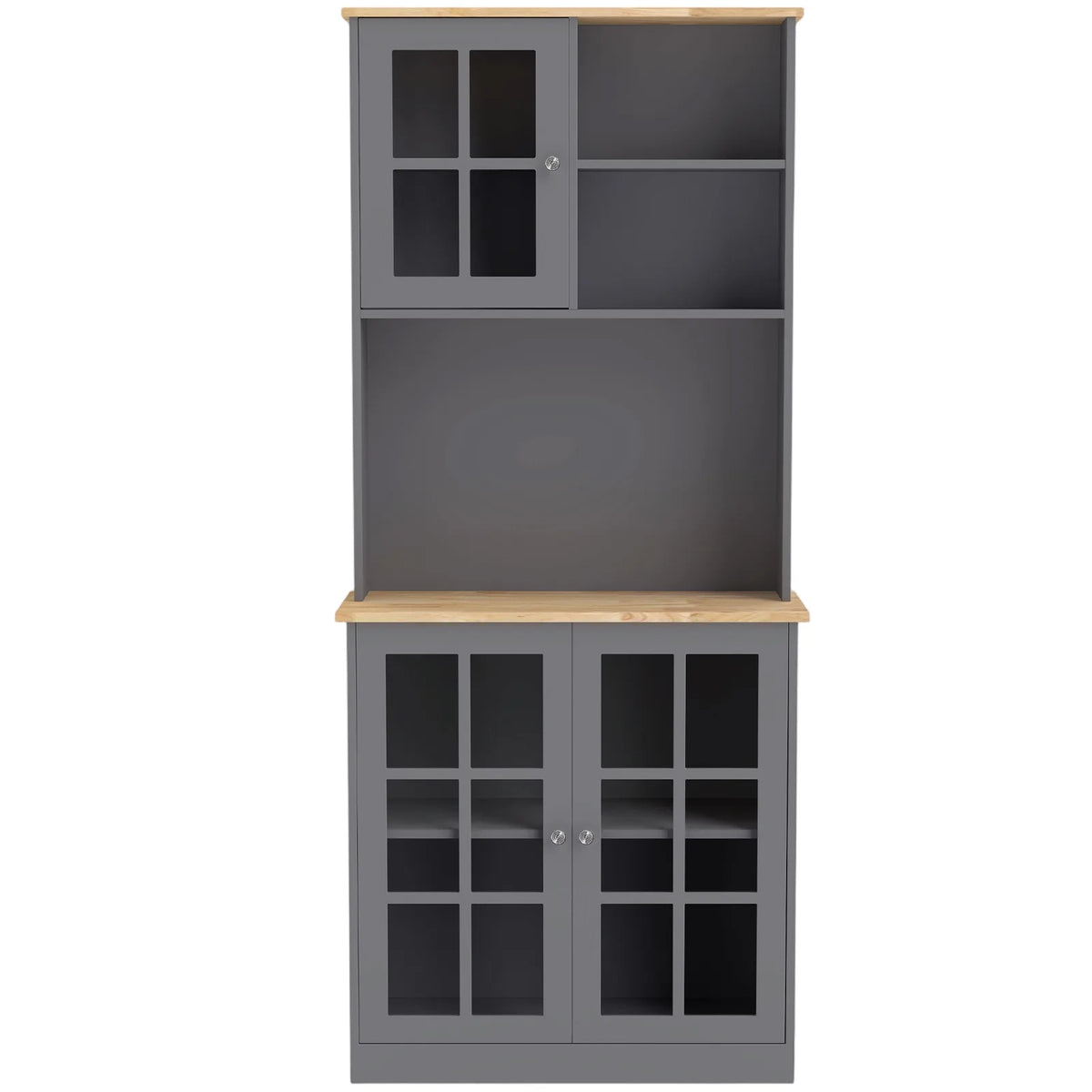 Kitchen Pantry, Buffet Hutch with 3 Storage Cabinets, 2 Open Shelves and Large Countertop for Kitchen, Grey