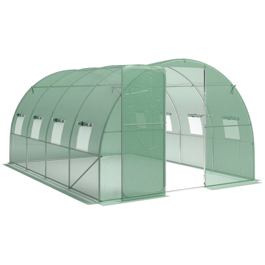 Outsunny 3 x 4 m Walk-in Polytunnel Greenhouse with Hinged Door and 8 Roll Up Mesh Windows, Garden Tunnel Warm House Tent, Green
