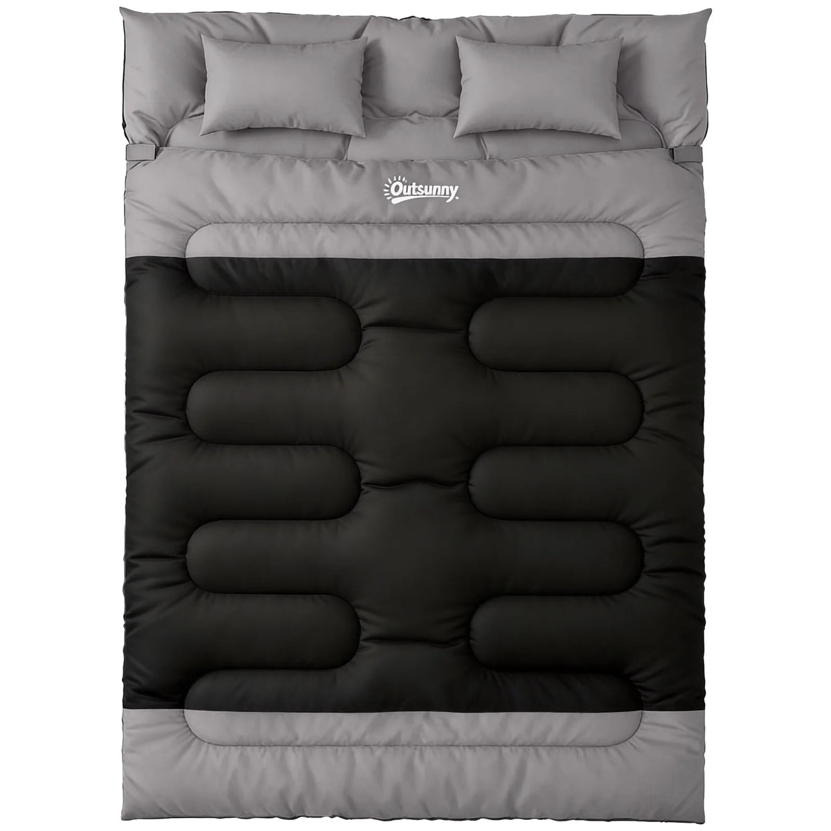 Outsunny Double Sleeping Bag with 2 Pillows, 220 x 160 cm Extra-Large Sleeping Bag for Adults, Black and Grey