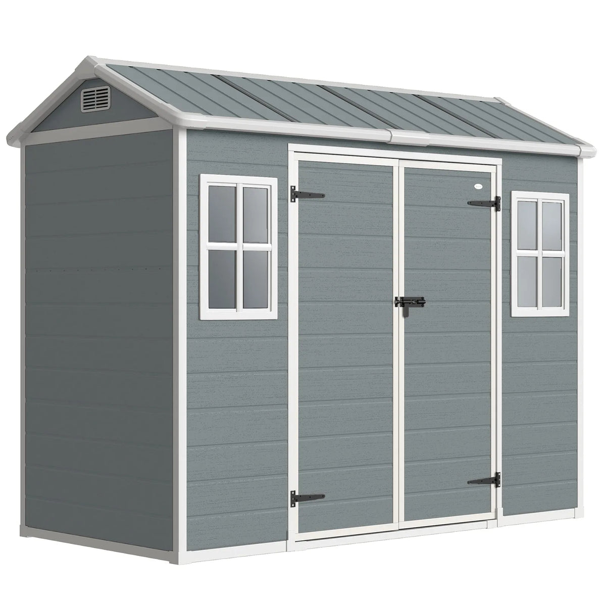 Outsunny 8 x 4 ft Plastic Garden Shed, Wood-Effect Outdoor Storage Shed with Floor, Windows, Lockable Doors and Vents, Light Grey
