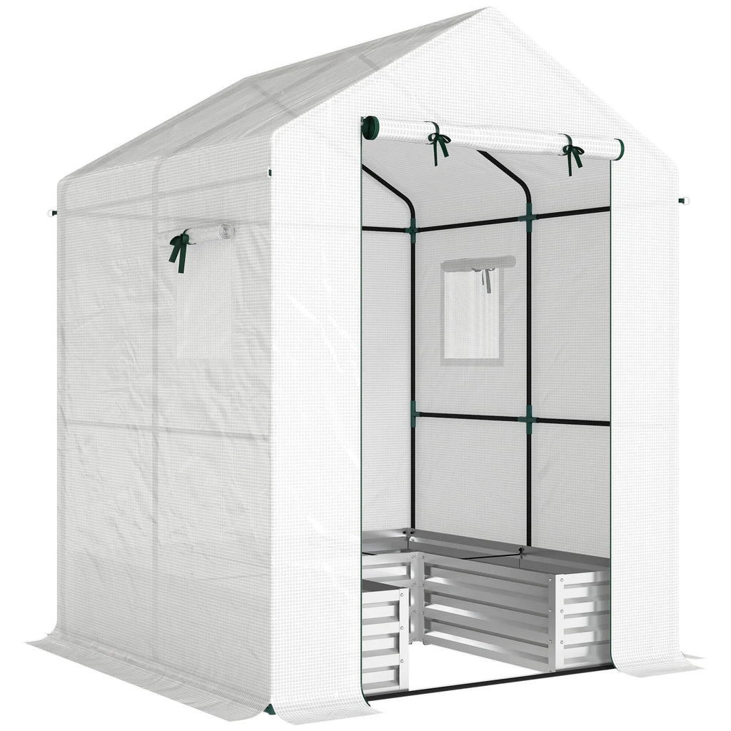 Outsunny Small Greenhouse with Raised Garden Bed, Galvanised Walk-in Greenhouse with Roll Up Windows, 141 x 141 x 190 cm, White