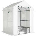 Outsunny Small Greenhouse with Raised Garden Bed, Galvanised Walk-in Greenhouse with Roll Up Windows, 141 x 141 x 190 cm, White